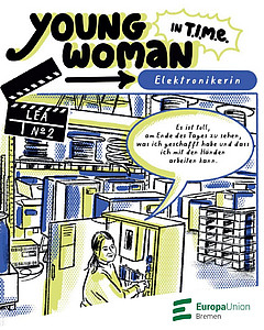 Das Bild zeigt den Flyer des Projekts "Young Woman in T.I.M.E"